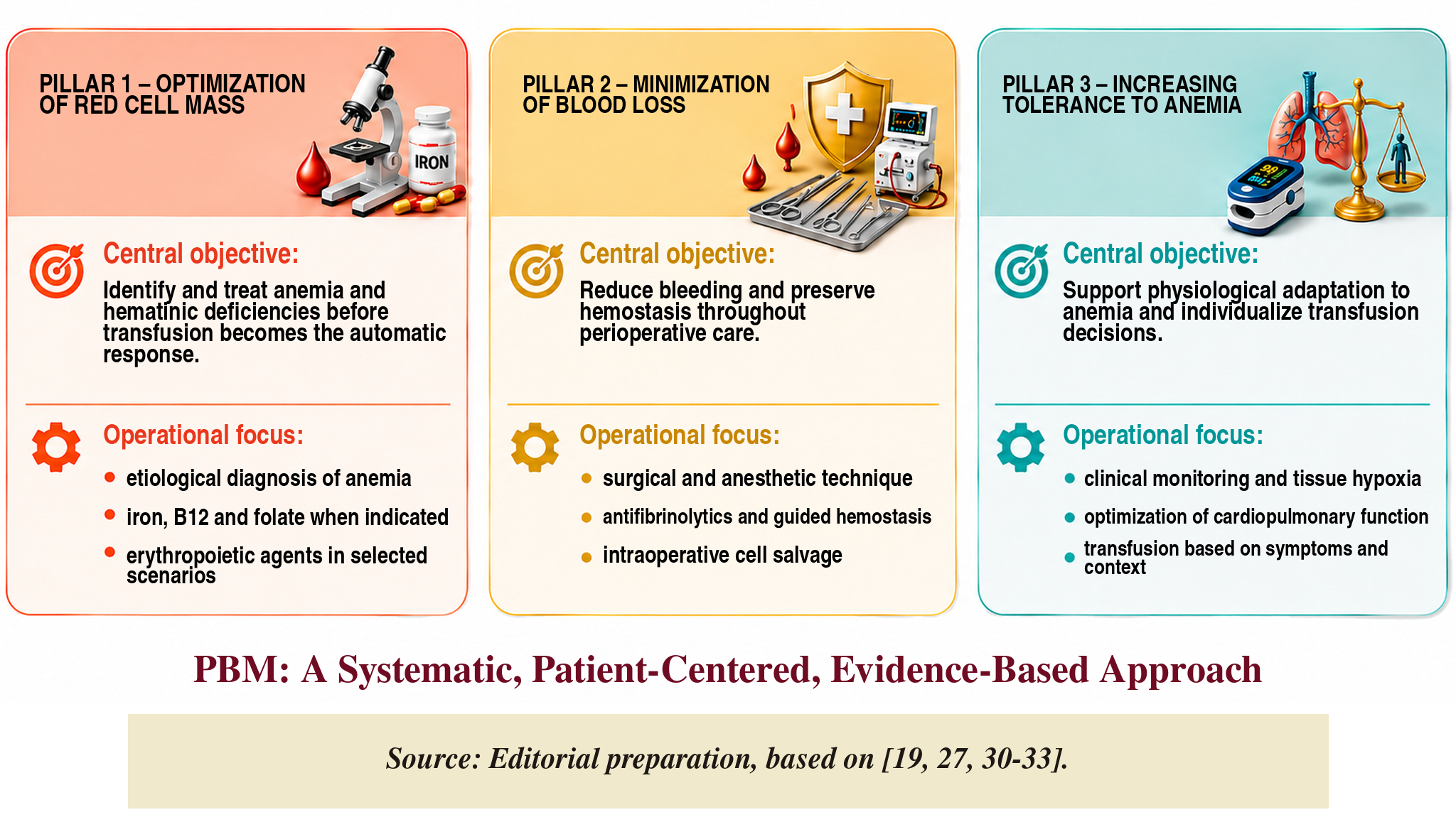 The three pillars of Patient Blood Management: optimization of red cell mass, minimization of blood loss and optimization of physiological tolerance of anemia